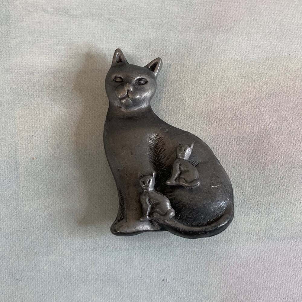 Pewter 3-in-1 Cat Brooch & Kitten Stud Earrings Jewelry Set Vintage 80s